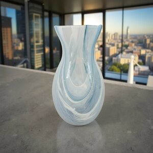 Murano? Hand Blown Italy Vase Aqua/ White Swirl 10” Tall Translucent